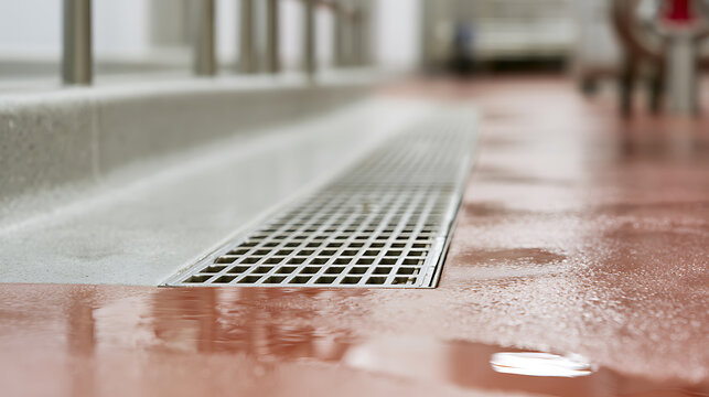 Industrial floor drain system made of stainless steel grate on a wet red resin floor in a commercial food processing plant interior view