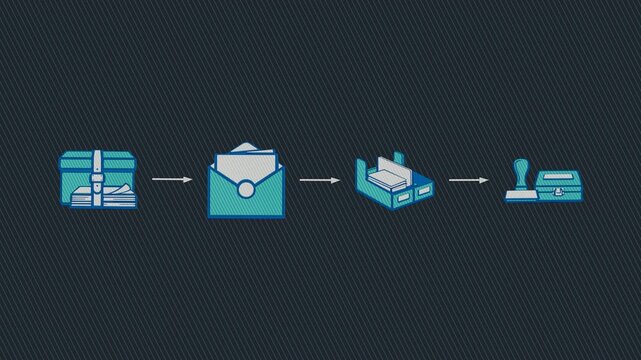A pharmaceutical submission moves from dossier assembly through sealing, filing and regulatory review to authorization for medicine release. Flat 3D style with a printed line screen.