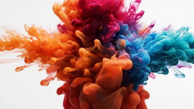 Vibrant orange and purple blue ink swirls dissolving in water against white