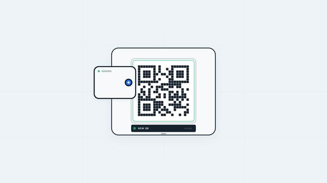 Premium fintech motion graphic showing a dynamic QR payment system where a transaction is scanned, processed, and securely transformed into a newly generated QR payment state. Suitable for digital ban