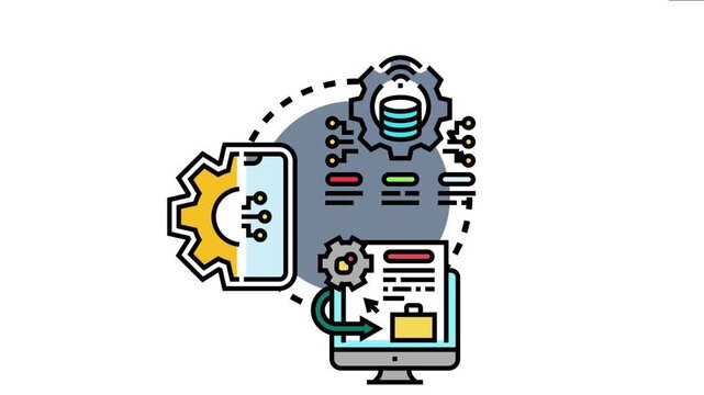 Logo integration concept with connecting database, mobile device, and desktop computer, symbolizing seamless data management and unified digital workflow