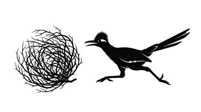 Minimalist black vector graphic illustration depicting a fast running roadrunner bird beside a dry tumbleweed plant