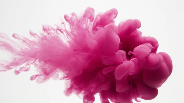 Vibrant pink ink cloud dissolving in water on white background