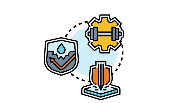 Protection concept safeguarding properties, including water resistance, durability, and impact resistance, symbolized by connected shields and a gear with a dumbbell
