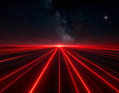 Futuristic red lines converge towards a bright horizon under a starry night sky