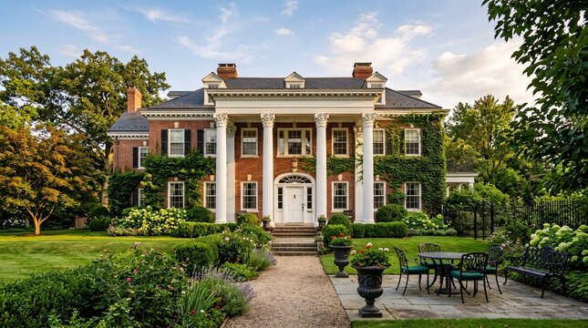 Historic red brick colonial mansion with grand white columns and ivy covered walls amid lush gardens in warm golden afternoon light