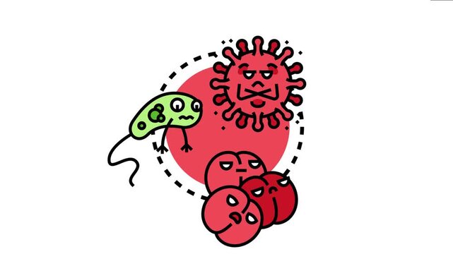 Diverse group of microscopic unicellular organisms, including bacteria and viruses, representing immunology, infection, and microbiology in a colorful artistic