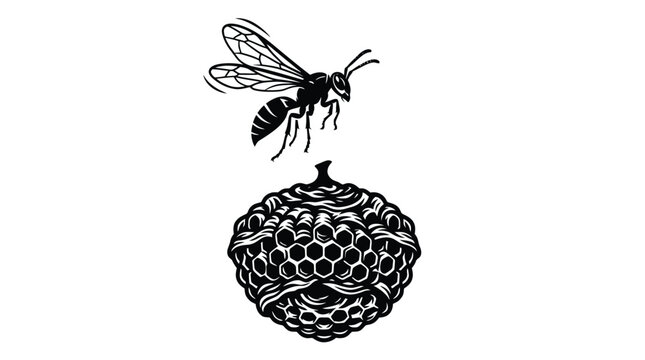 Detailed black and white vector illustration depicting a flying wasp near a large textured hornet nest