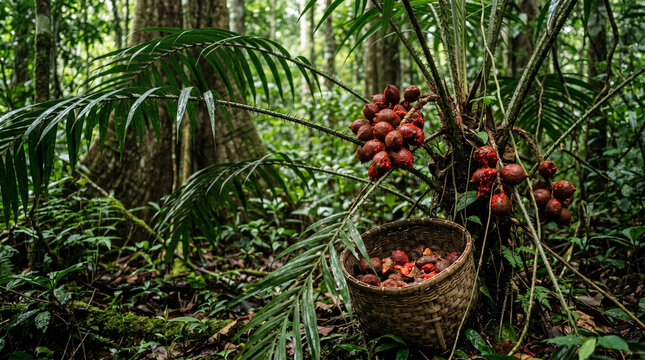 Salak fruit bunches hanging from spiky palm trees near a handwoven wooden basket in forest