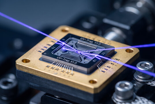 Detailed Close-up of Microscopic Laser Trap Optics for Trapped Ion Quantum Computing