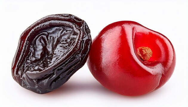 two dried red fruits on white background cherries prunes isolated on a white background