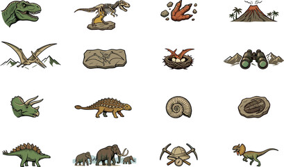 Prehistoric dinosaur icons set featuring fossils, skeleton, T-Rex, volcano, pterodactyl, mammoths, and paleontology exploration tools isolated on white background. © Abdul