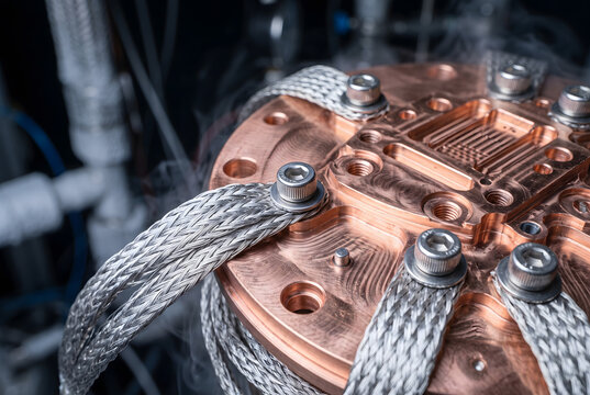 Close-up of Polished Copper Mixing Chamber Plate with Thermal Straps in Cryostat