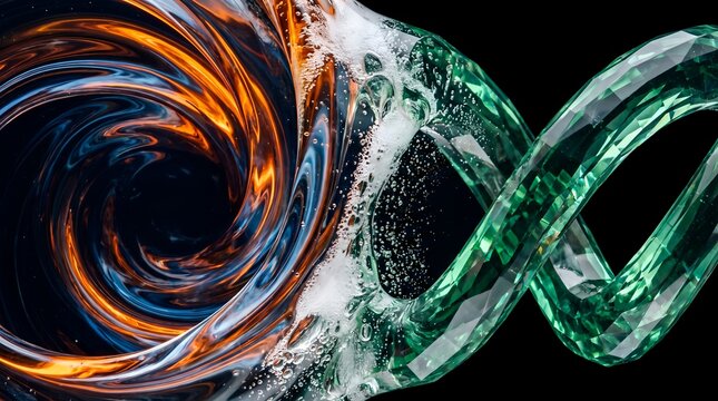 Abstract liquid swirl featuring glowing orange vortex and green crystal ribbon