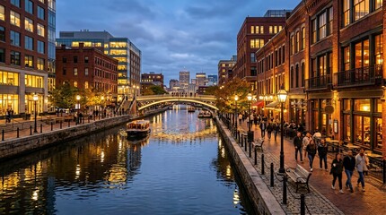 Fototapeta premium Evening view of an urban canal through a downtown district with brick buildings and a pedestrian bridge, warm streetlights on the water