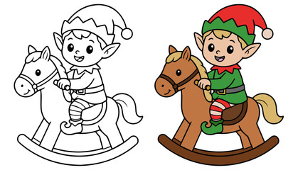 Obraz premium Christmas elf riding rocking horse line art and colored cartoon version 