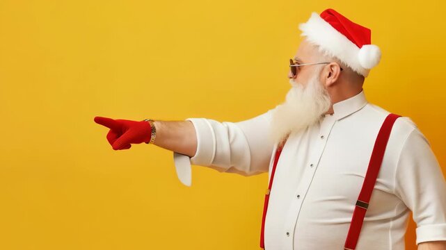 An elderly man dressed as Santa Claus wearing round sunglasses, a red Santa hat, and red gloves points toward the left, with a bright yellow background creating a playful holiday aesthetic.