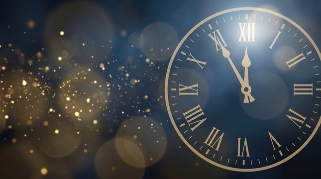 A vintage clock displays the time. The clock face features Roman numerals. A background of golden bokeh lights creates a festive atmosphere. It is likely evening time