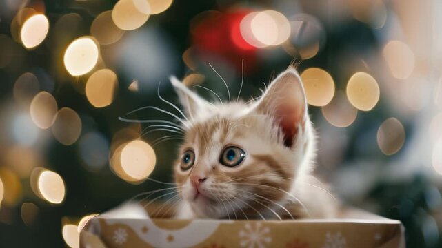 Close-up shot of a small, orange kitten with big blue eyes, nestled inside a decorative box. Soft, out-of-focus Christmas tree lights in the background create a warm, festive scene.