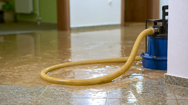 Industrial water pump extracting floodwater from a flooded indoor room with tiled floor, equipment for disaster recovery and property repair