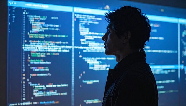 Silhouette of a young software developer or data analyst working late at night in front of multiple glowing computer screens filled with complex programming code and data streams