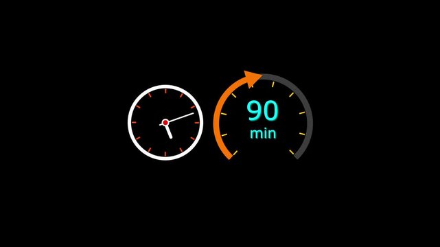 90 min clock icon animation. Clock 90-minute icon Digital and analog clock 90 minutes isolated on white background. and creating a stunning video.4k video.