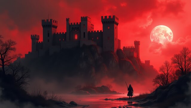 Watercolor castle siege night scene black red dramatic intense, samurai warfare artistic powerful beautiful detailed