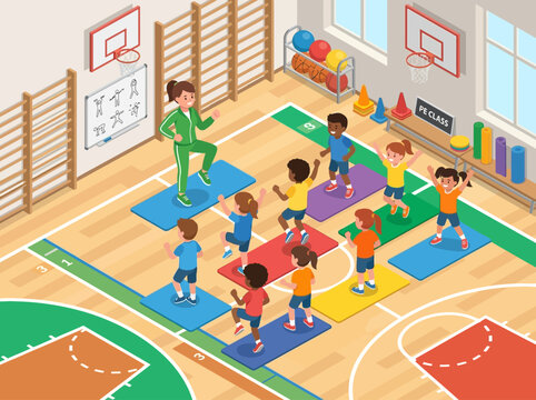 Childrens Energetic Physical Education Class Indoors On Mats Performing Exercises With Instructor