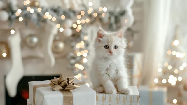 A fluffy, cream-colored kitten with blue eyes sits gracefully atop a white gift adorned with a gold ribbon. The setting is festive with lights and ornaments, creating a cozy holiday ambiance.