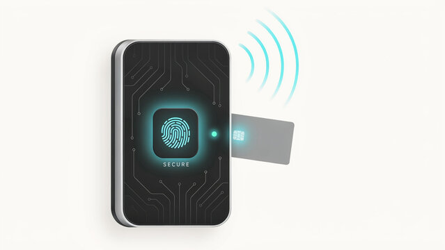 Modern biometric fingerprint and card access control device illustration with wireless signal connection