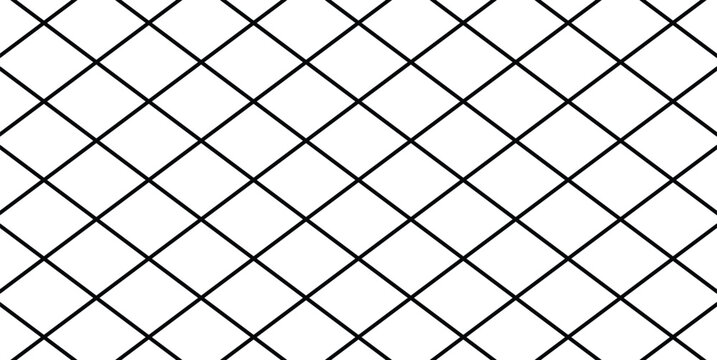 Black geometric diagonal grid mesh pattern over a clean white background. Seamless abstract grid lines for modern graphic design, textures, and backgrounds.