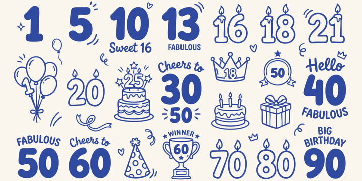 Various age numbers and birtay elements hand drawn doodle style for celebration announcement