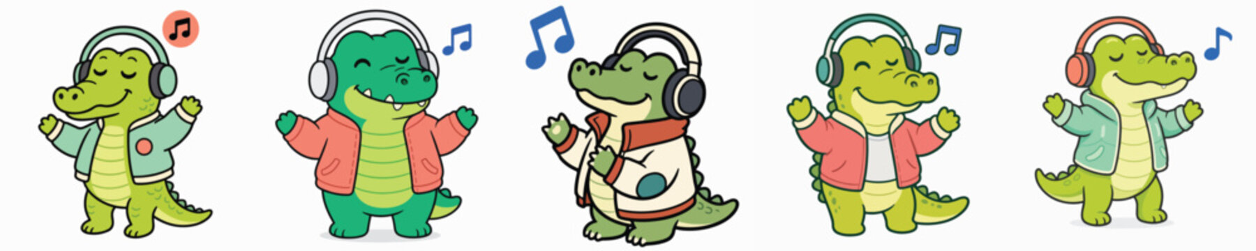 A set of cute and adorable crocodile vectors wearing headphones and closing their eyes while enjoying the music.