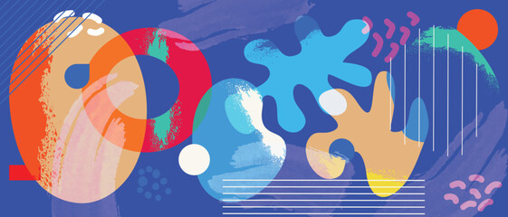Abstract colorful vector background with fluid organic shapes, brush textures, circles and modern geometric forms. Contemporary blue creative banner design