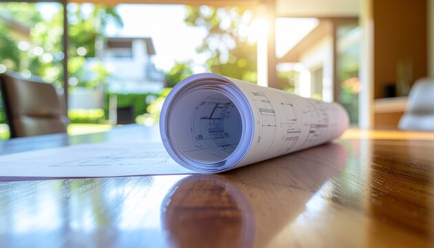 Rolled architectural blueprints on a polished wooden table in a bright modern office with a garden view