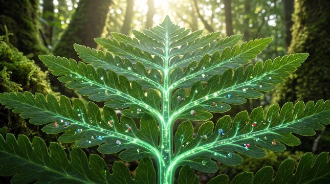 Forest fern leaf with glowing green bioluminescent veins and magical colorful light spheres.