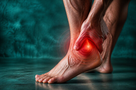 A close-up of a person's foot and ankle experiencing pain, with a glowing red area indicating inflammation or injury against a dark teal background.