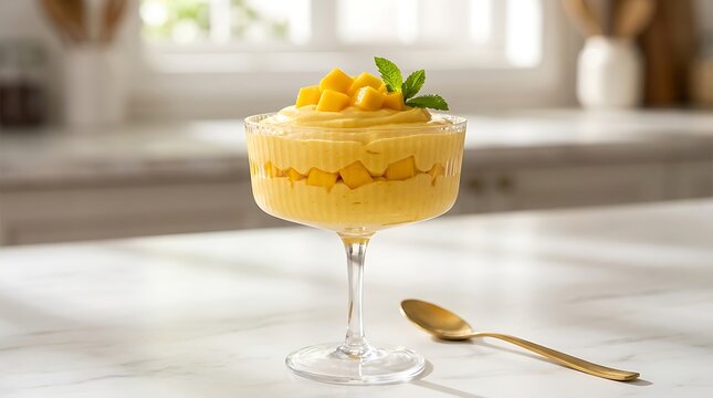 Fresh mango mousse dessert in a glass cup with fruit pieces and mint leaves on a bright kitchen counter. Mango Mousse Recipe