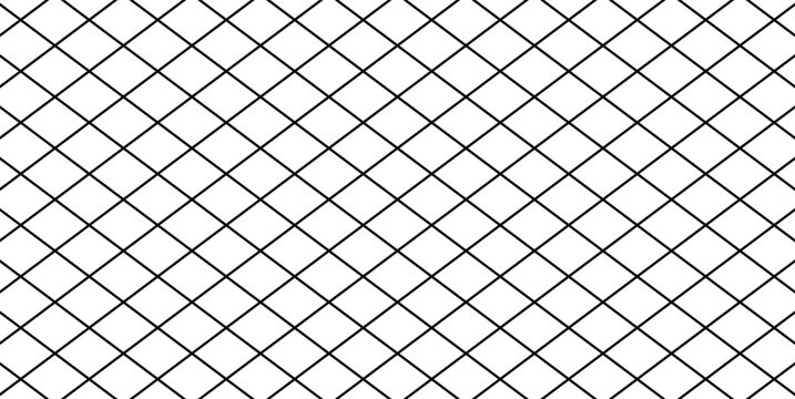 Black geometric diagonal grid mesh pattern over a clean white background. Seamless abstract grid lines for modern graphic design, textures, and backgrounds.