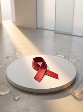 Red ribbon placed on round white surface with transparent objects around