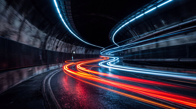 Curving highway tunnel illuminated with light streaks at night