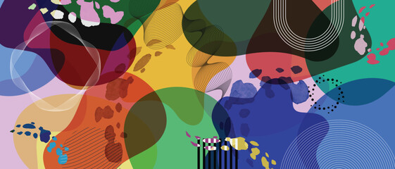 Abstract colorful vector background with layered organic shapes, transparent forms, line patterns and hand drawn accents. Modern creative banner design