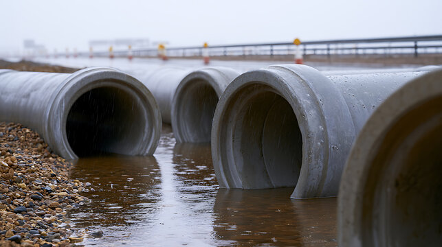 Large industrial concrete drainage pipes lie stacked in a wet construction site near a road project, ready for installation and utility work