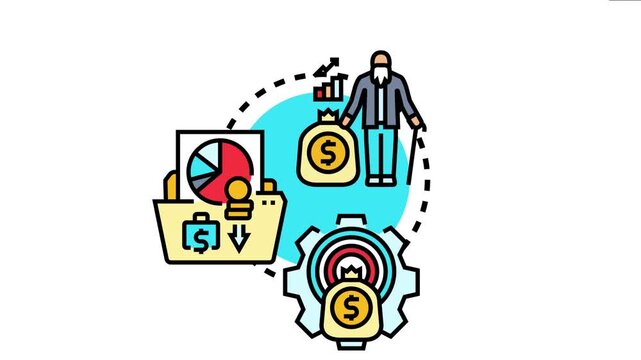 Elderly person with money bags, graphs, and a gear mechanism illustrates the long term expense profile, financial planning, and retirement savings management