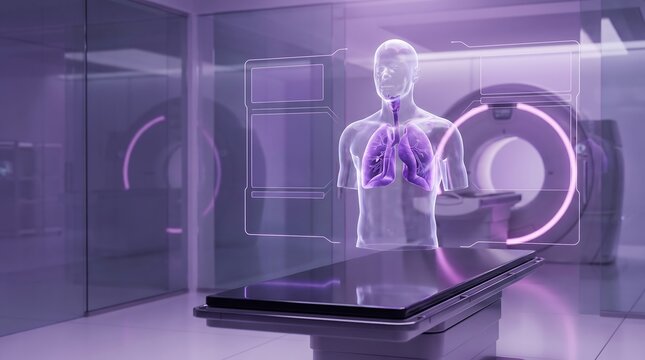 Holographic display of human lungs in medical scanner room, futuristic healthcare.
