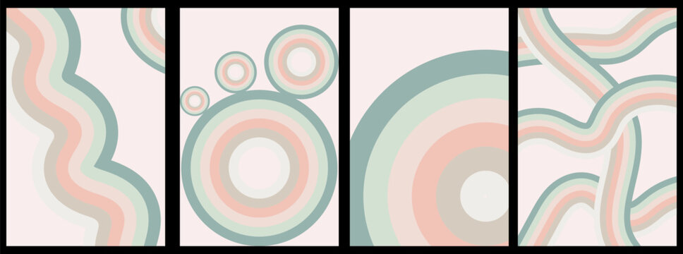 Retro Pastel Abstract Geometric Wall Art Posters with Groovy Wavy Lines and Concentric Circles, Boho Minimalist Vector Backgrounds