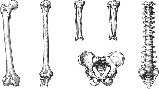 Anatomical engraving of human bones and spine in a vintage style during scientific study
