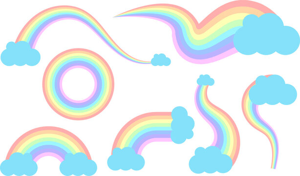 Cute Pastel Rainbow Elements with Fluffy Blue Clouds Collection, Hand Drawn Baby Shower Nursery Vector Clipart