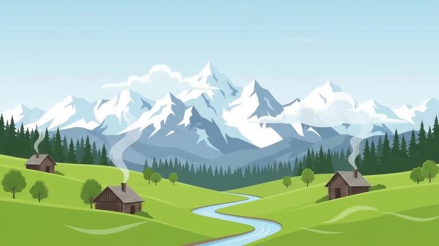 Smoke rising from log cabin chimneys in vector mountain landscape