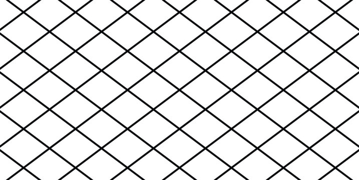 Black geometric diagonal grid mesh pattern over a clean white background. Seamless abstract grid lines for modern graphic design, textures, and backgrounds.